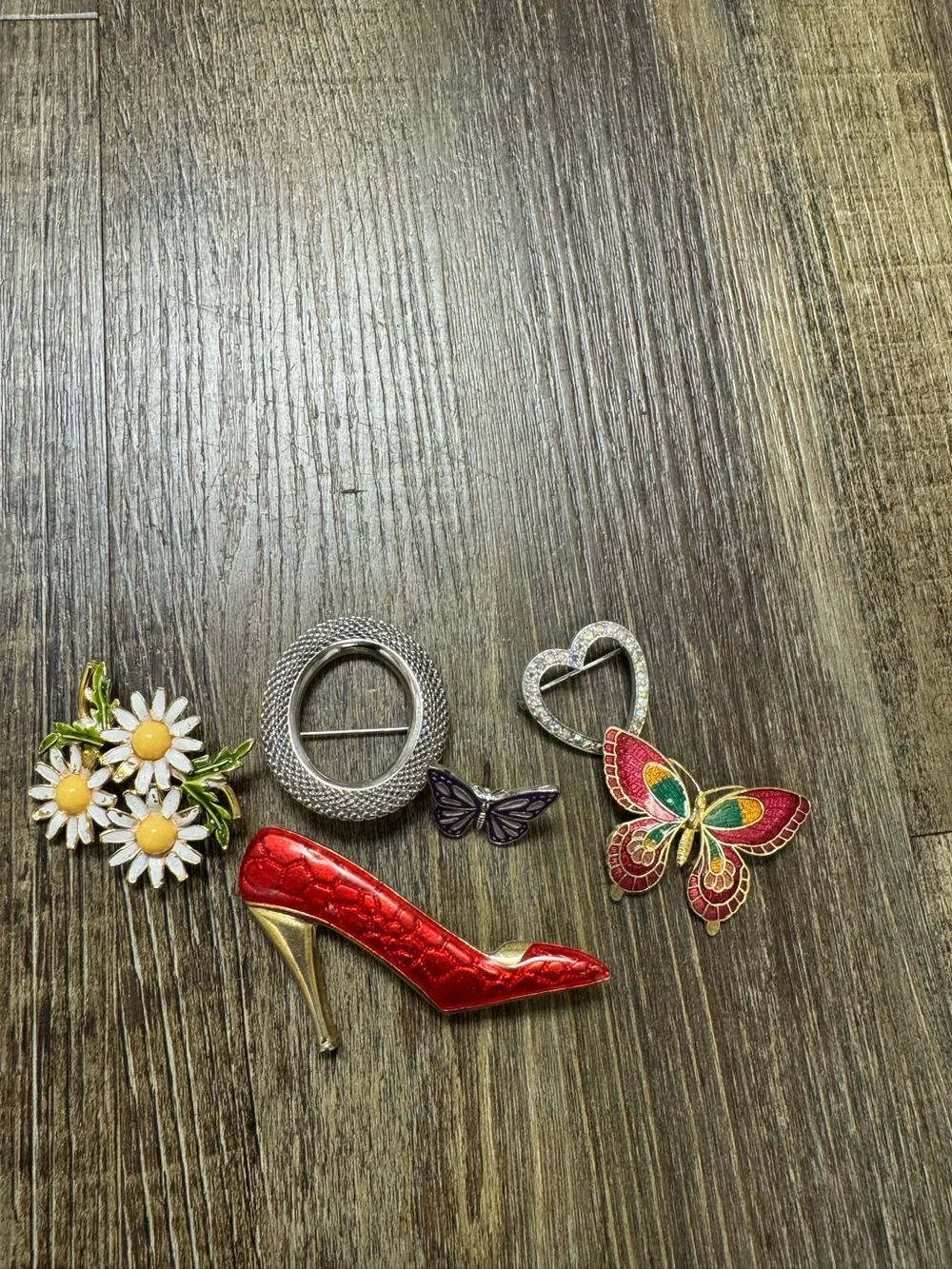 Assorted Women’s Enamel and Rhinestone Brooch Set - Red, Yellow, Green, Silver